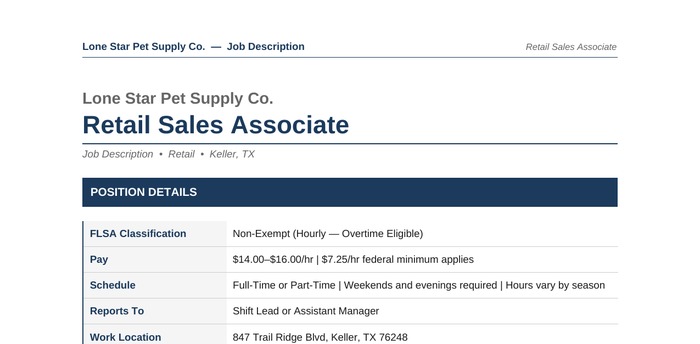 ReadyDocs HR sample job description — Retail Sales Associate