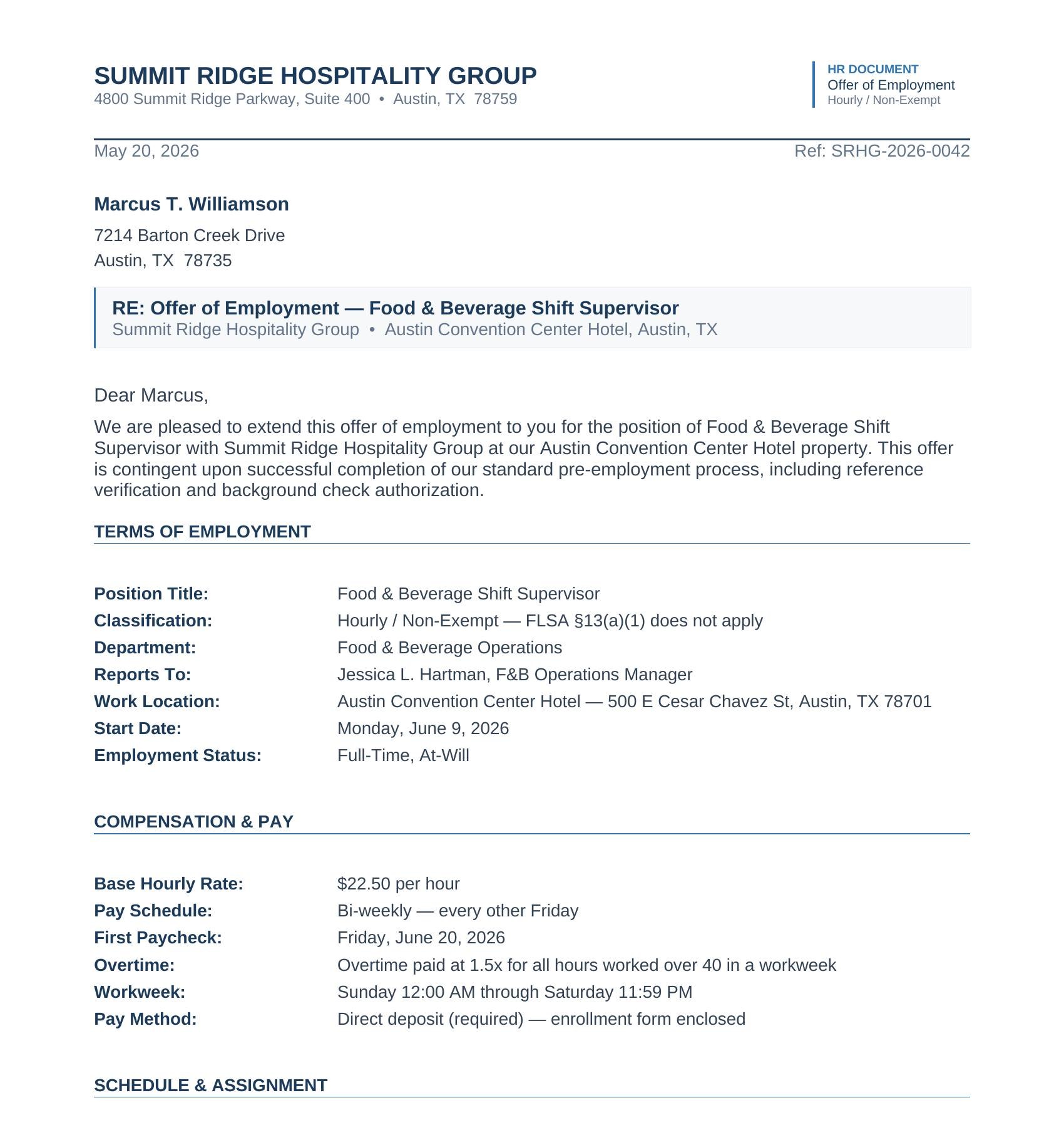 ReadyDocs HR sample offer letter — Summit Ridge Hospitality Group